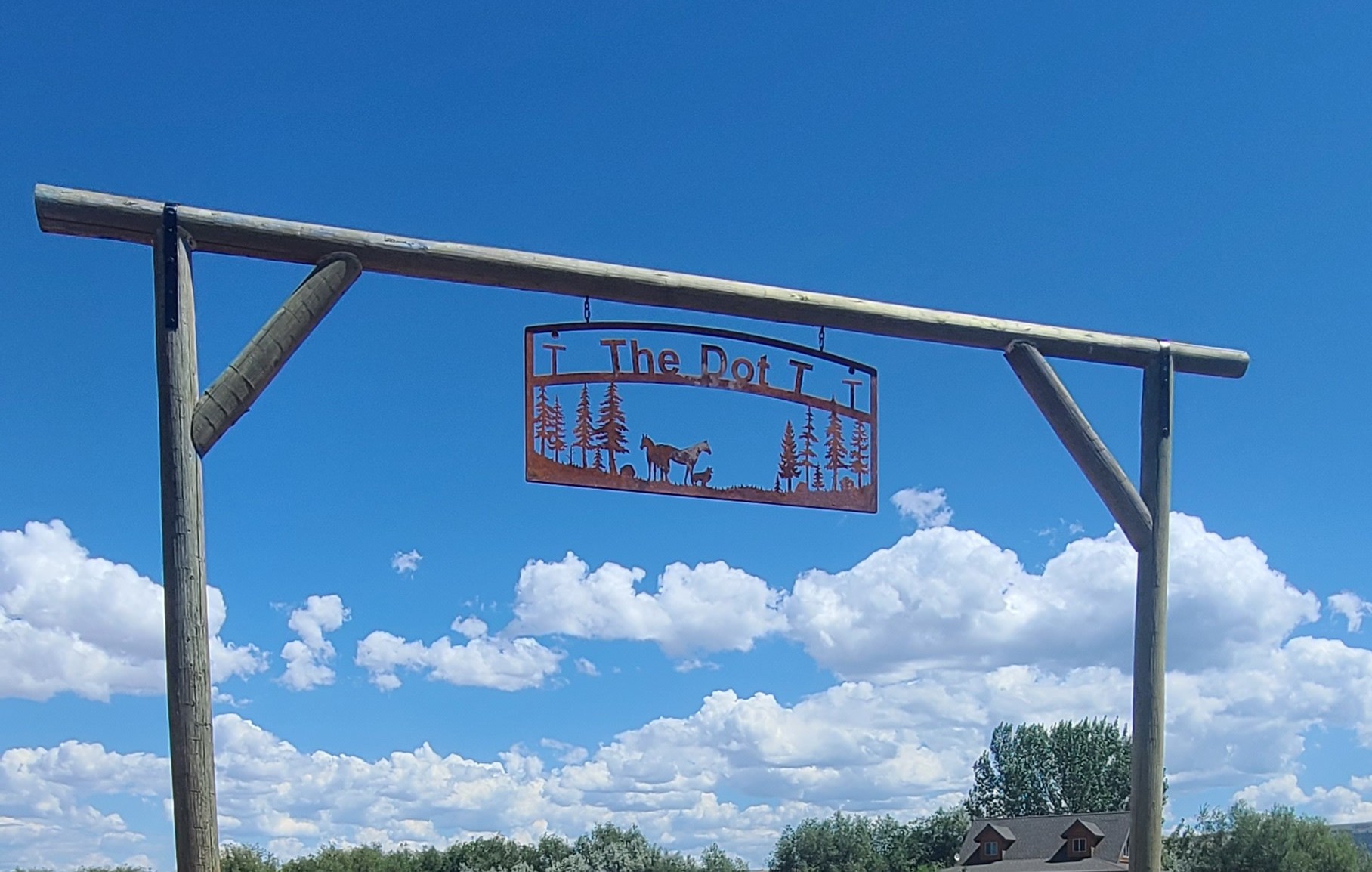 Custom metal sign 'The Dot T' with wildlife and pine tree silhouettes, hanging from a rustic wooden archway.